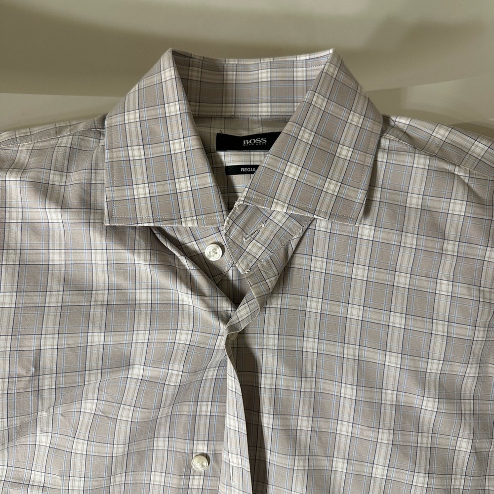 Boss formal button down. Plaid/ stripe print. Gently used